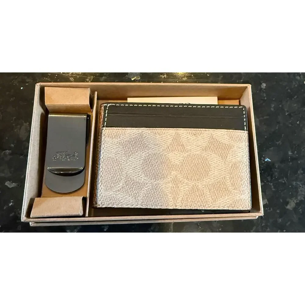 Coach Compact Billfold Wallet In Blocked Signature Canvas money clip gift set